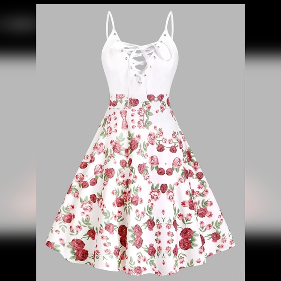 BNWT - Sexy and Cute Flower Print Cottagecore A-line Lace up Dress - Picture 1 of 5